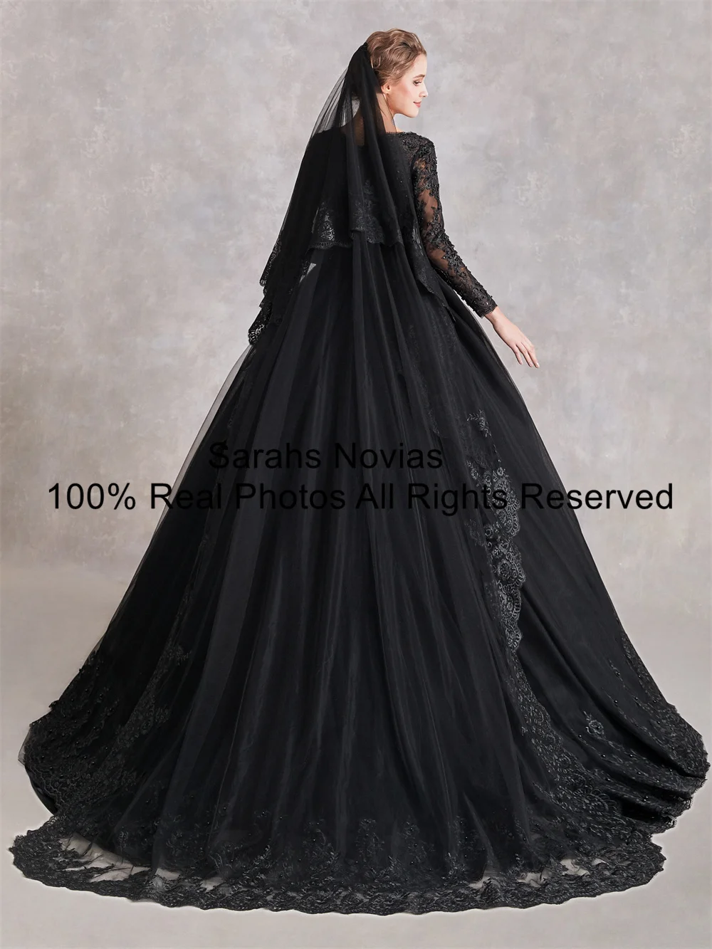 Eelegant vestido de baile preto gótico vestidos de casamento com mangas compridas miçangas rendas tule decote em v vestido colorido feminino para casamento