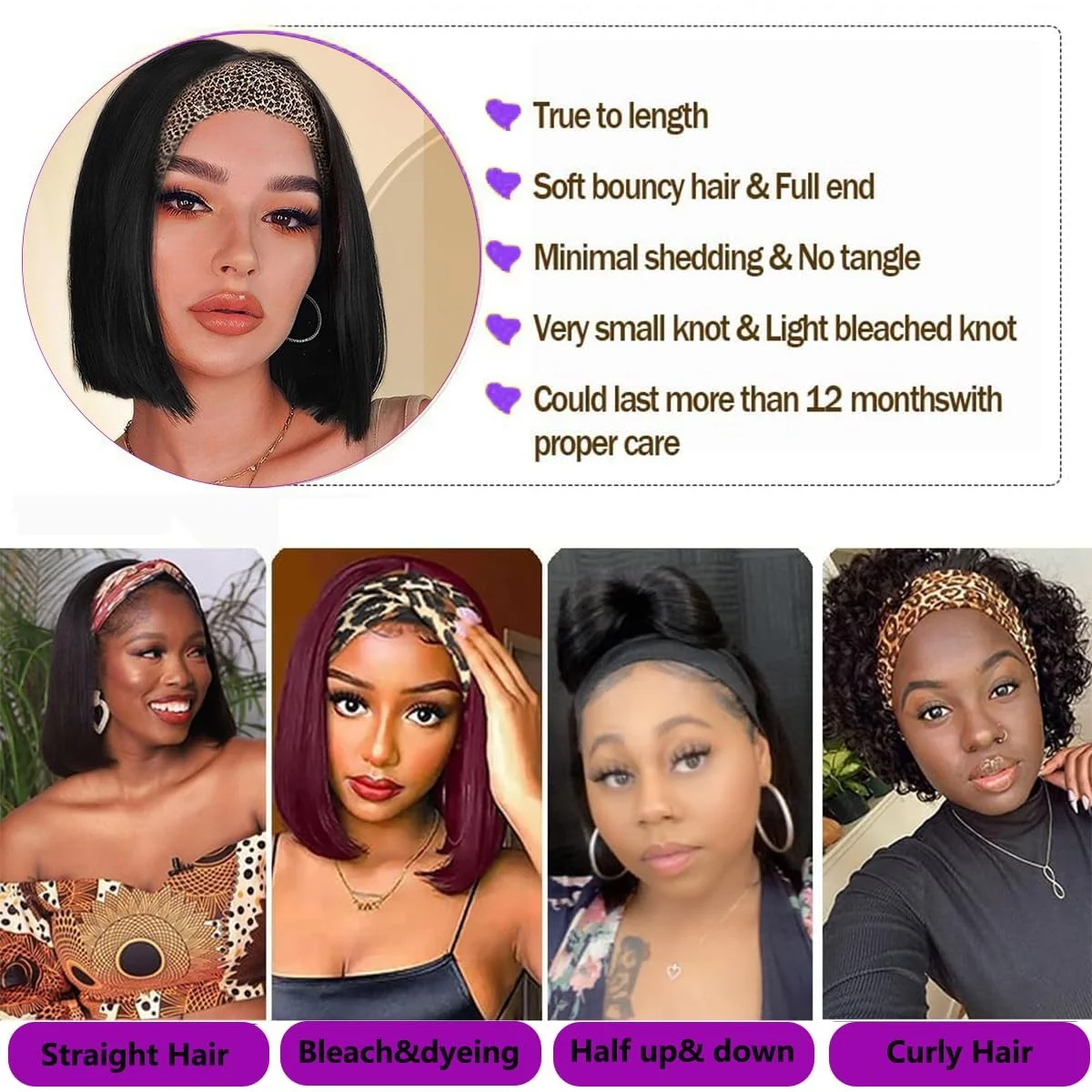 Straight Headband Bob Wigs 100% Human Hair Short Bob Wig Clearance Raw Virgin Hair Glueless Scarf Half Wigs For Black Women image 5