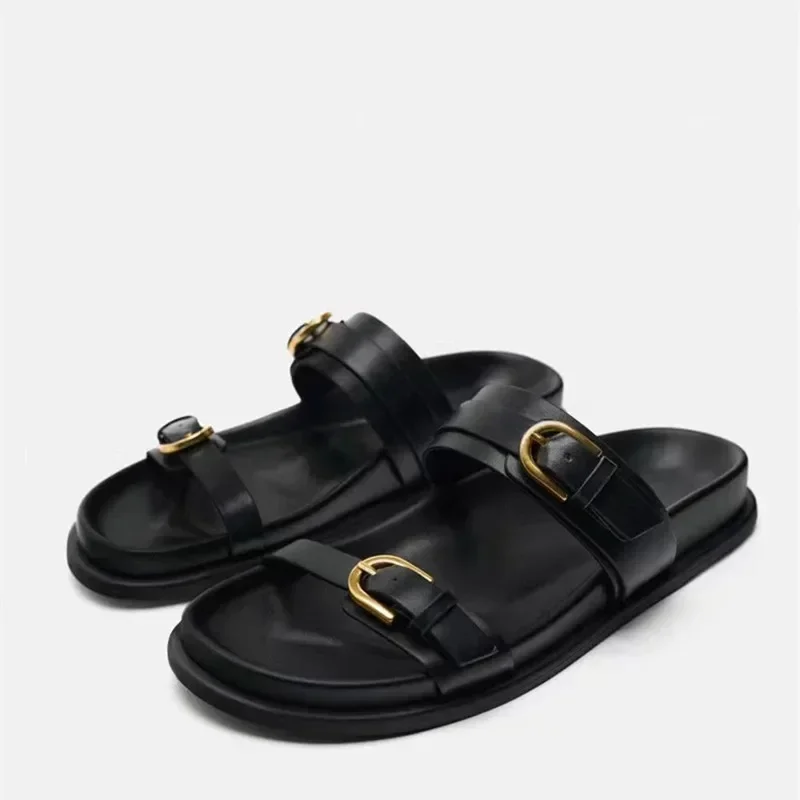 Summer 2024 Woman Flat Slippers Woman Black Metal Buckle Sexy Round Toe Slingback Slippers