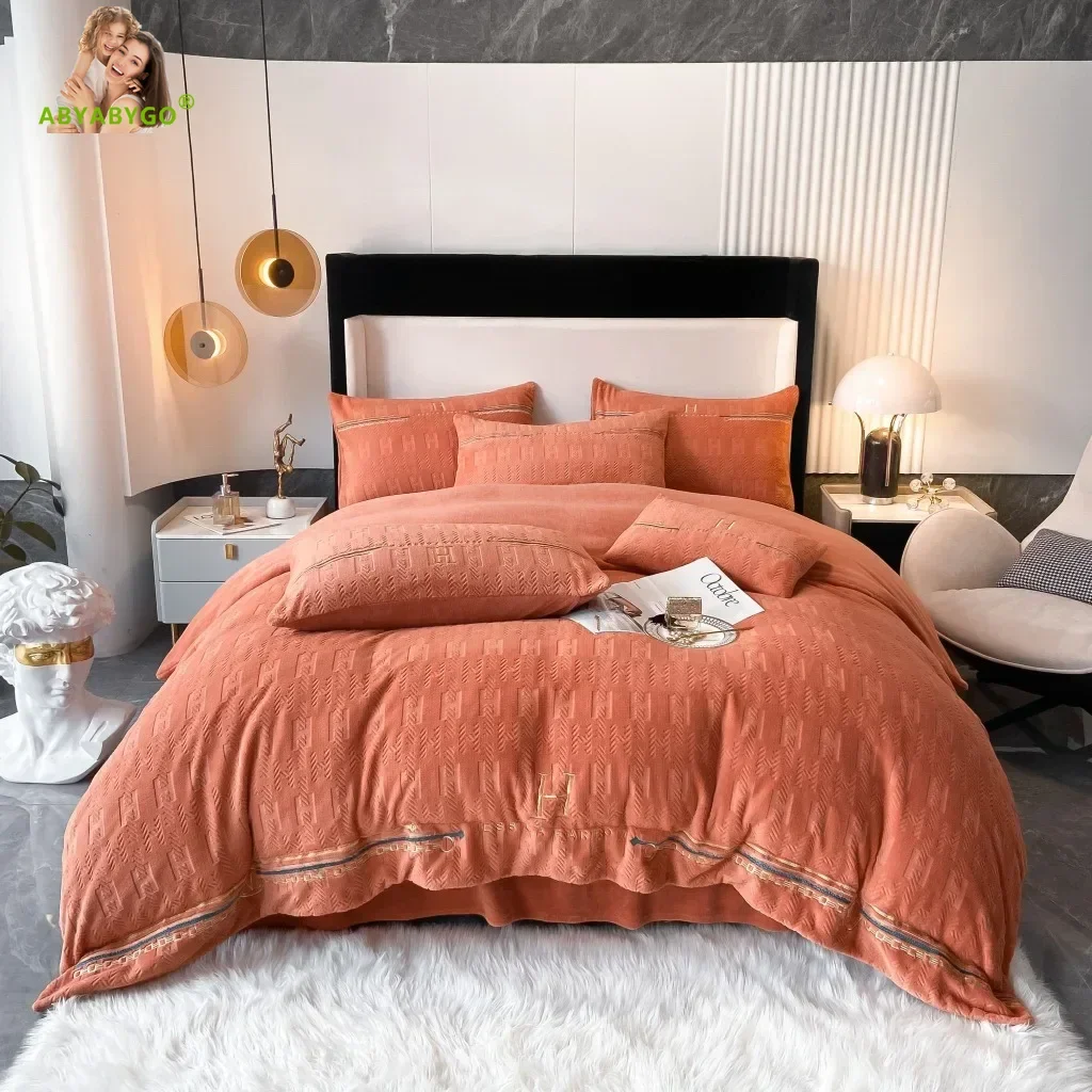 Orange Milk Velvet Bedding Set Luxury, Bed Linen, Duvet Cover Set, Bed Sheets and Pillowcases, Bedroom Comforter Set, 220x240cm