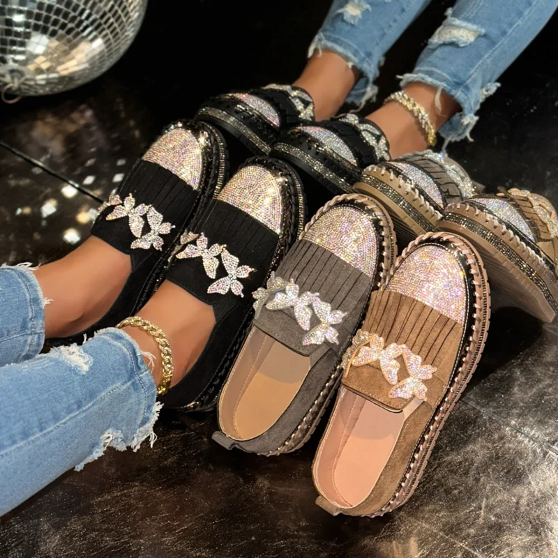 

High Quality Fur Plush Women's Flat Shoes New Fashionable Women's Luxury Loafers Water Diamond Casual Shoes Plus Size Work Shoes