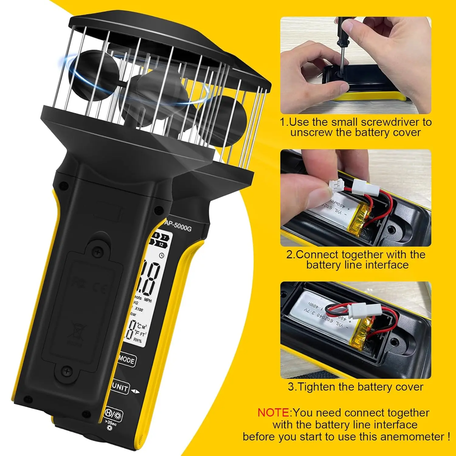 Digital Cup Anemometer, Handheld Wind Speed Meter with Anti-dust Touch Button, Rechargeable Wind Gauge CFM Meter, Waterproof