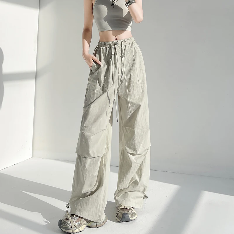 wide leg pants for women in summer 2025, new loose and slimming ice silk quick drying casual pants, sports straight leg pants