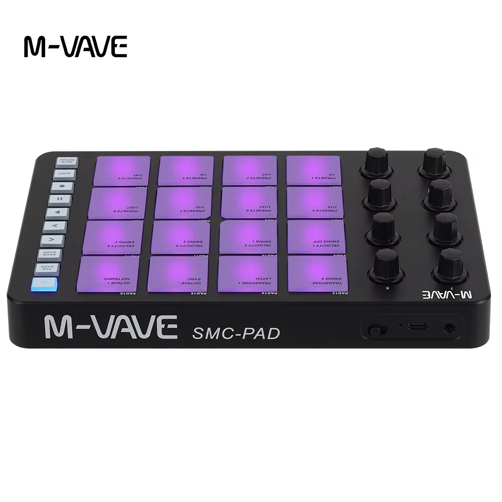 M-VAVE SMC-PAD MIDI Black Controller 16 Sensor Pads 8 Assignable Knobs Bluetooth Wireless for DAW Studio Home Music Production