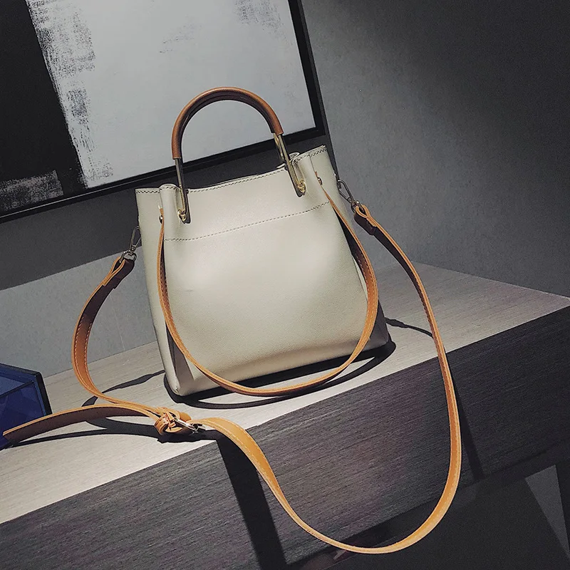 2023 New Fashion Women Bucket Bag Large Capacity PU Leather All-matched Shoulder Bags Ladies Texture Contrast Color Handbag