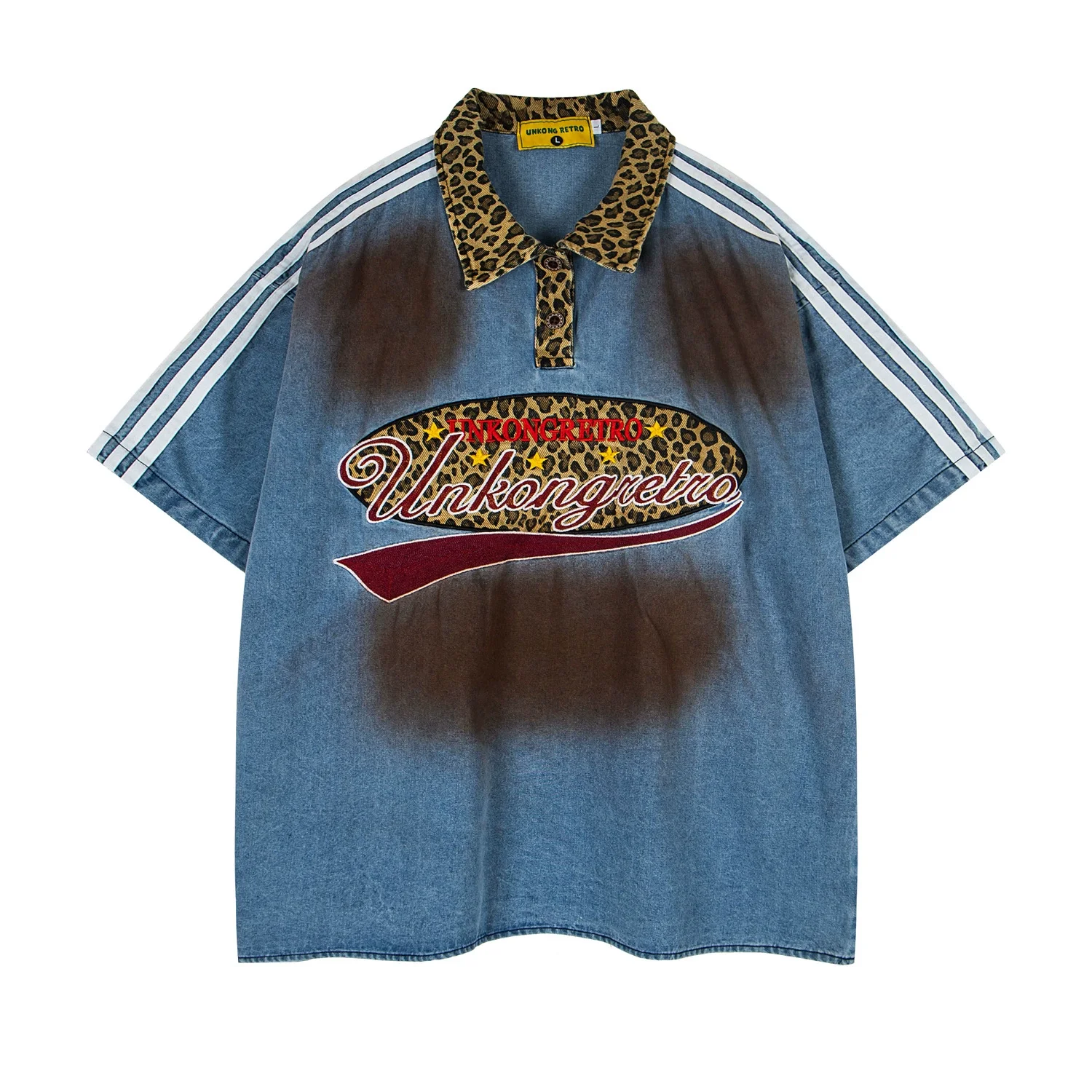 

Retro Leopard Print Jeans Shirts Spring Autumn Button Up Blouse Men Vintage Loose Short Sleeve Shirts Couple Tops Men Clothing