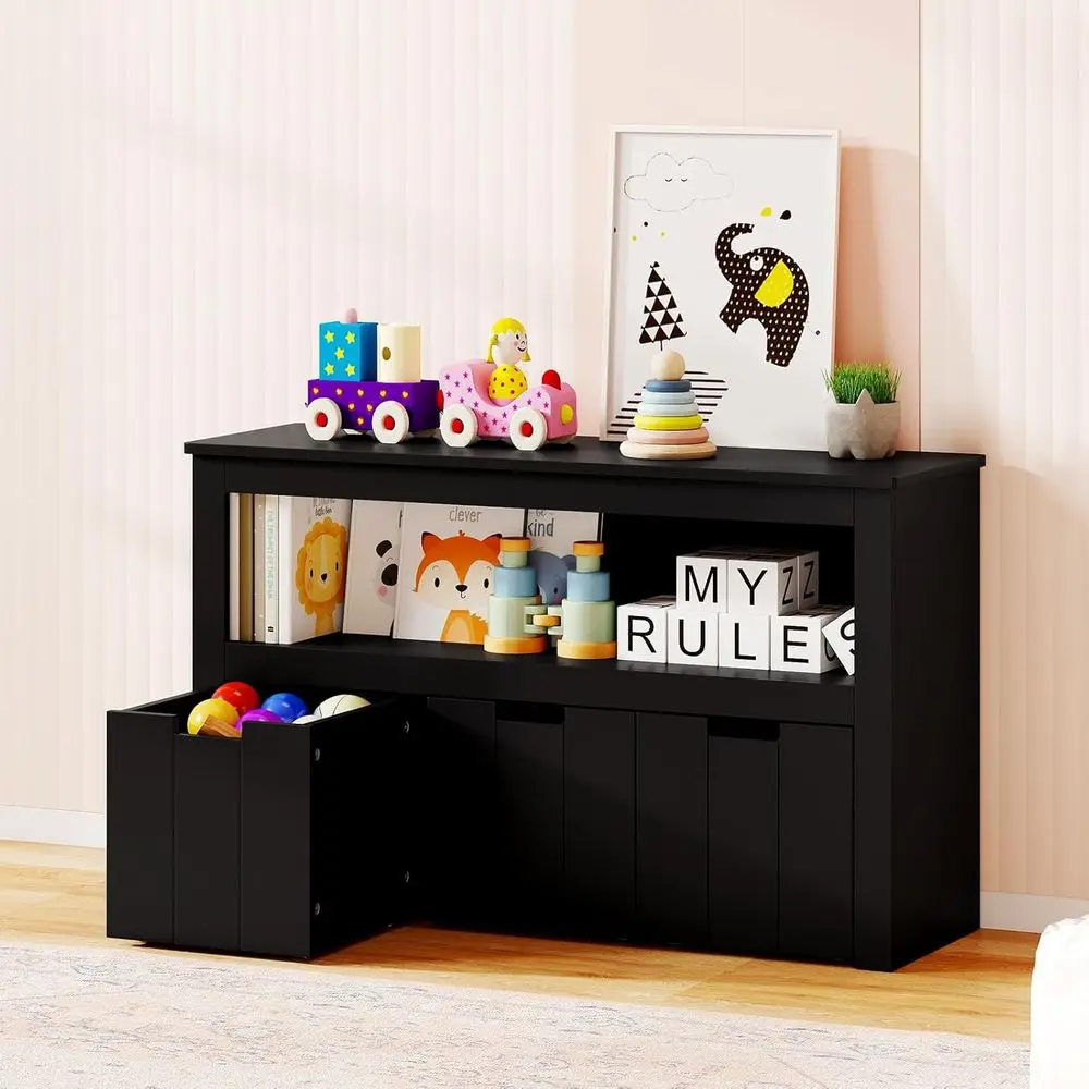 

24.5 Children's Bookcase with Wheels, Storage Organizer for Toys and Books, Suitable for Living Room, Playroom, and Nursery (Bla