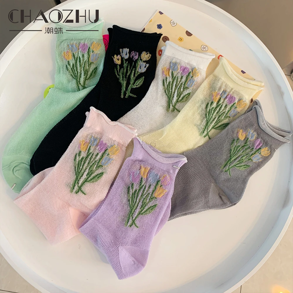 CHAOZHU Fishnet Breathable Spring Summer Cotton Loose Socks Thin Tulip Illustration Romantic Women Girs Floral Socks Korea OOTD