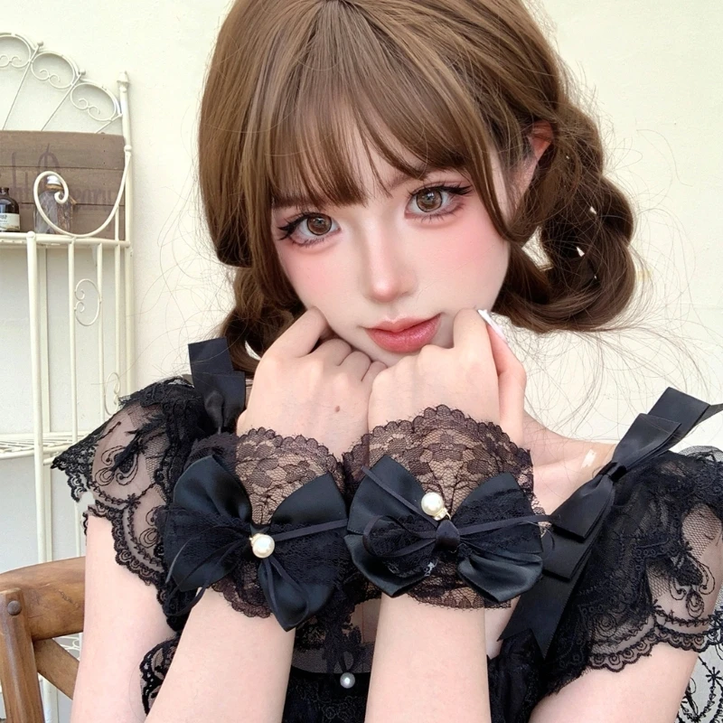 Q39C Sheer Mesh Wrist Cuffs with Layered Lace Ruffle Trim and Center Ornament, Decorative Pair for Costume Styling Wear