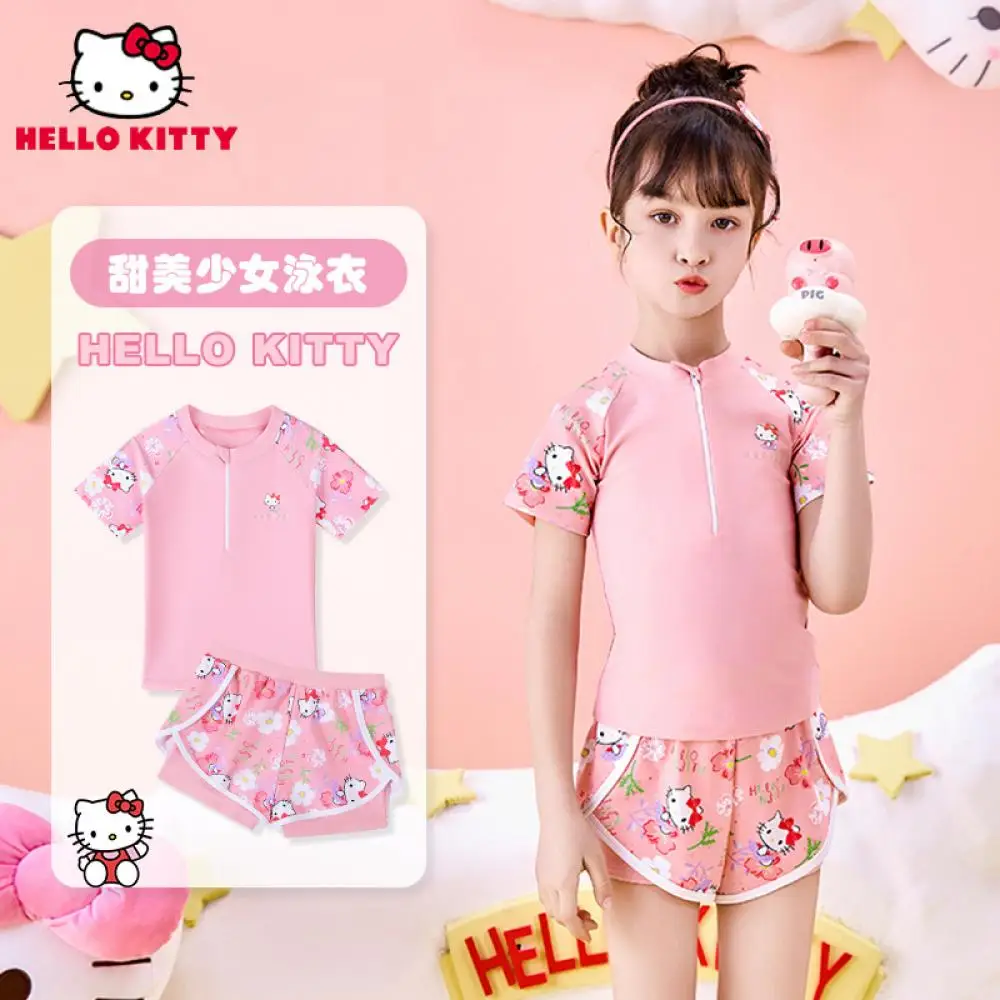 

Детский раздельный купальник Sanrio с героями мультфильмов «Hello Kitty», аниме, детский милый купальник с короткими рукавами и защитой от солнца, тренировочный купальник для плавания