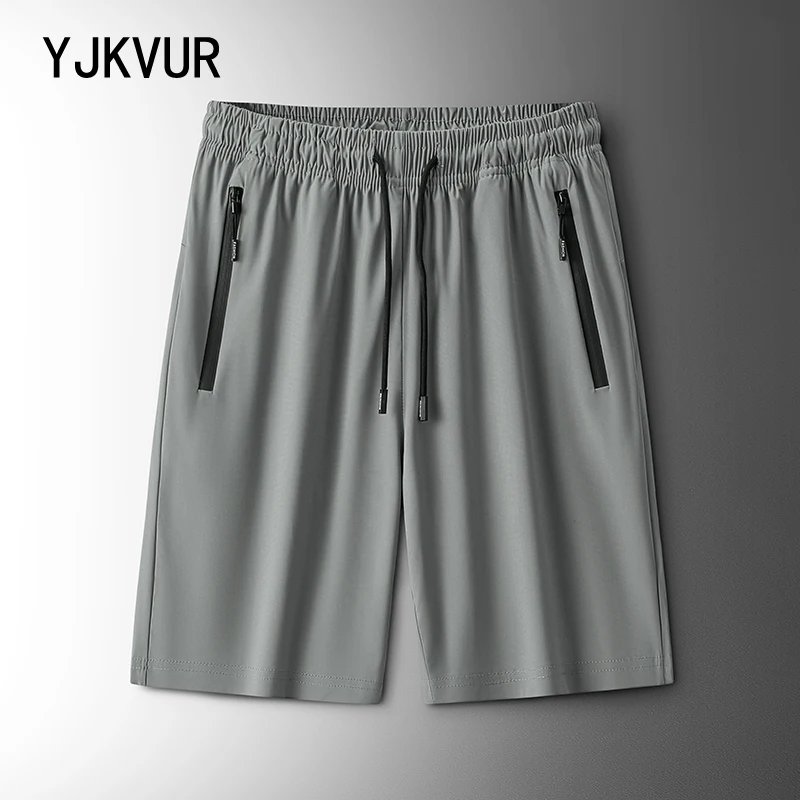 

Мужские шорты из ледяного шелка, повседневные, летние, быстросохнущие, дышащие, свободного кроя, больших размеров, 5-дюймовые, с карманами на молнии, спортивные, пляжные