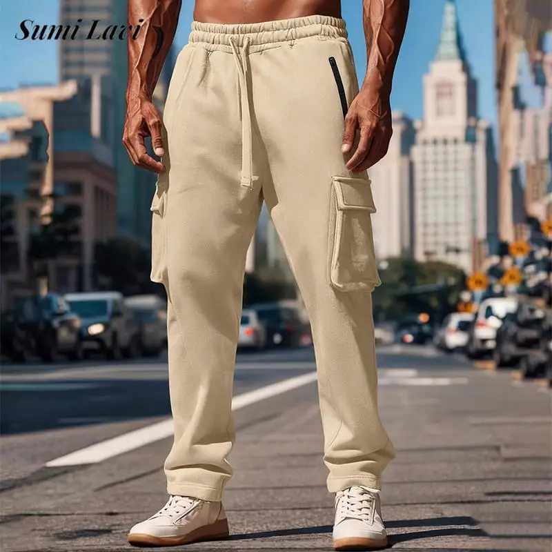 

Винтажные мужские брюки-карго с куличьими карманами на шнурке, весенне-осенние свободные прямые брюки для отдыха, мужские повседневные однотонные брюки