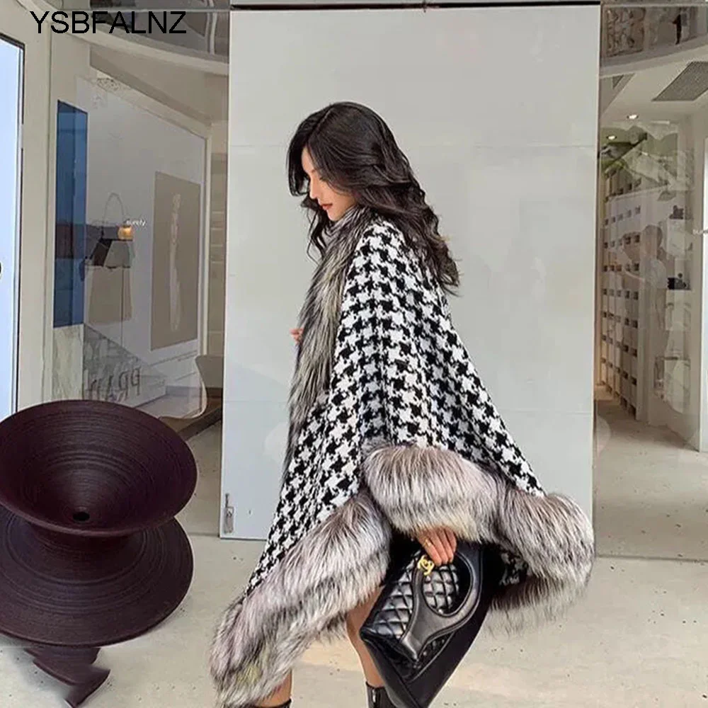 2023 Women\'s Fur Coat Poncho Wool Warm Fashion Houndstooth Knitted Cloak With Fur Trim Luxury Faux Silver Fox Fur Poncho Cape