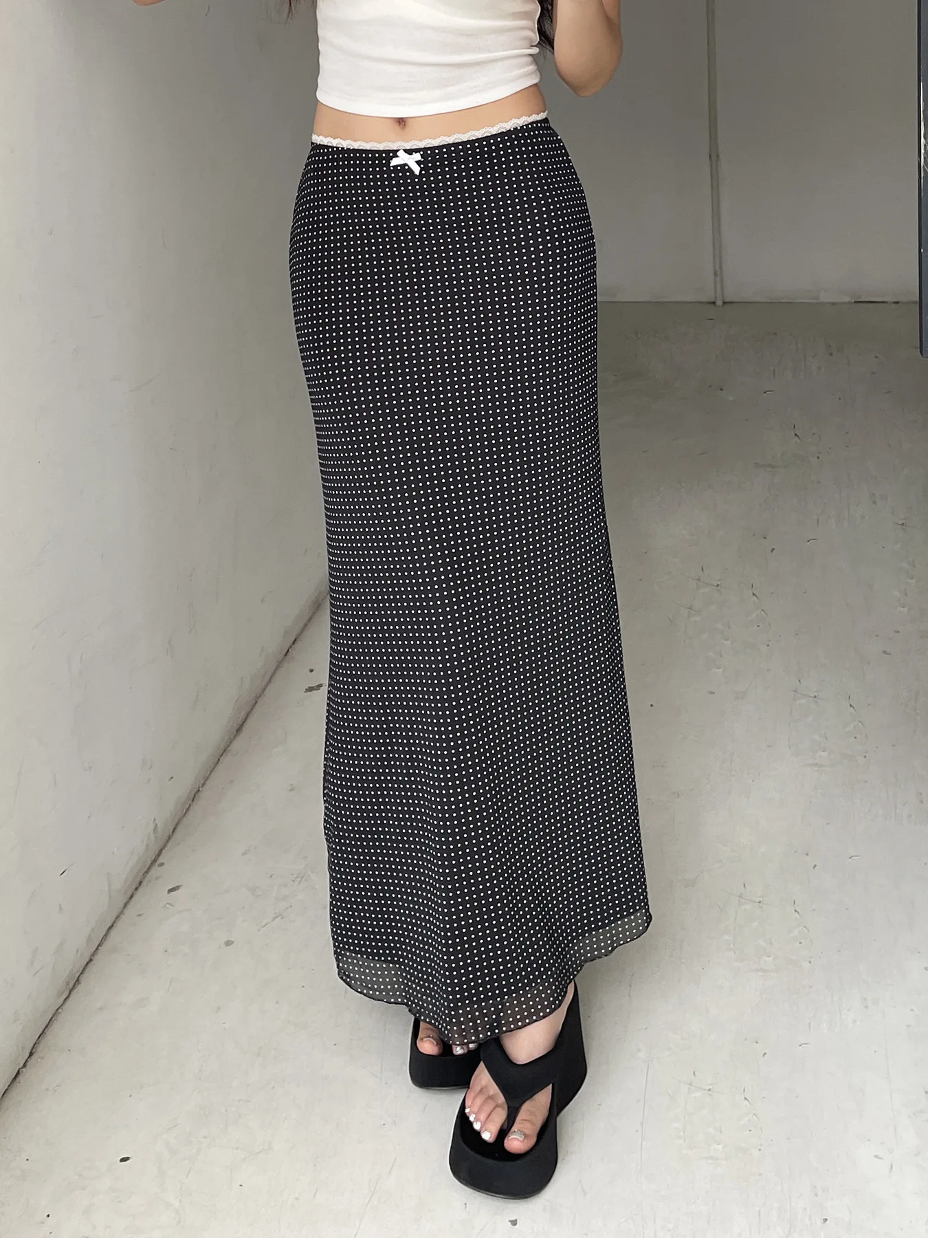 French Polka Dot Element Lace Splice Long Skirt Sexy Bodycon Half-length Cross Border Waist Head Gown for Women