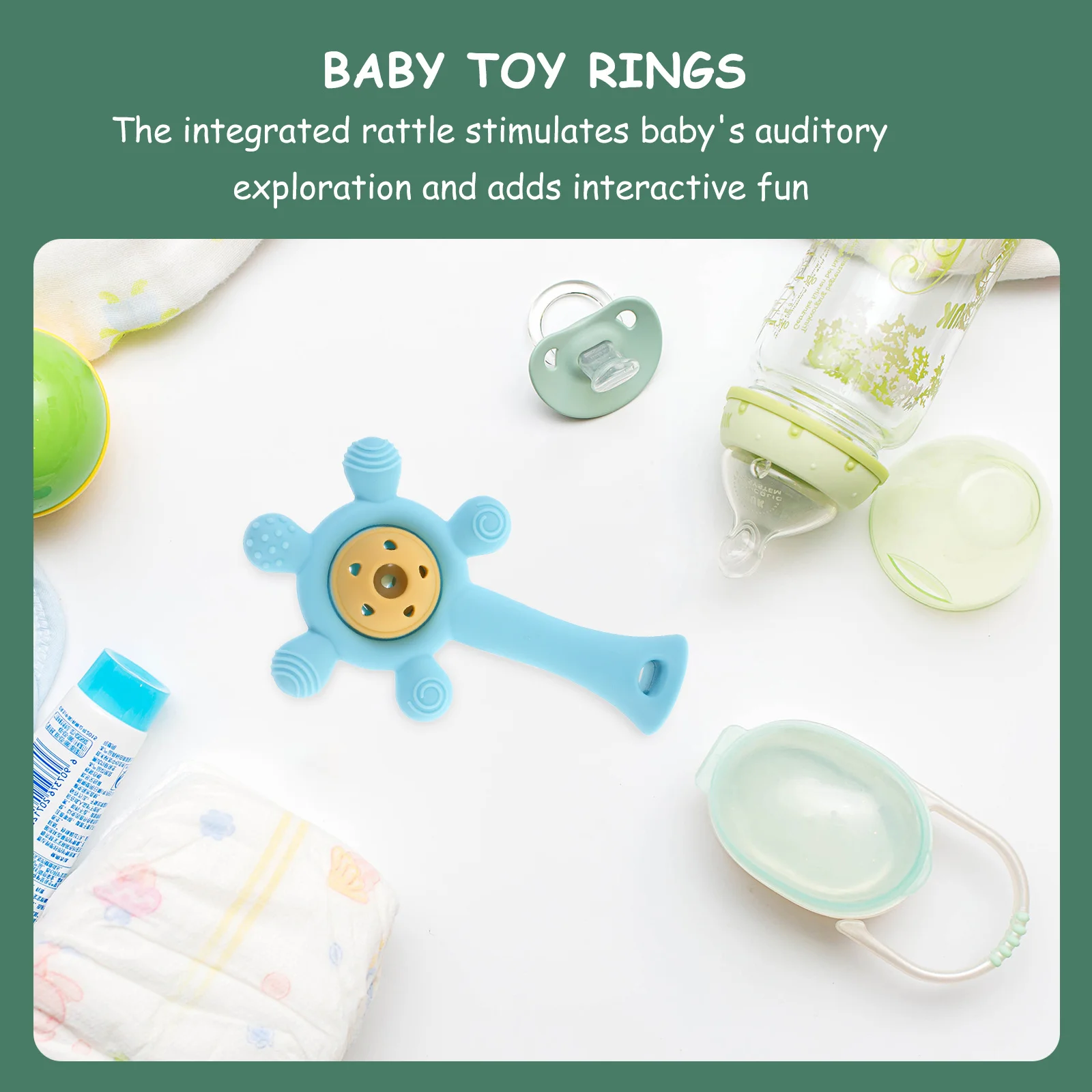 Anel de dentição para recém-nascidos: mordedor de chocalho de silicone com formato de roda gigante – promove habilidades de agarrar e acalma gengivas doloridas