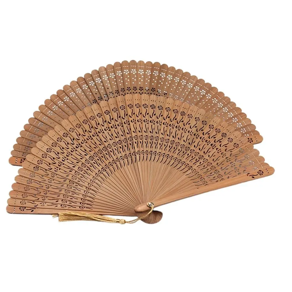 Portable Chinese Style Bamboo Folding Fan Multi Color Handmade Han Fu Dance Carving with Tassel Dancing Fan for Home