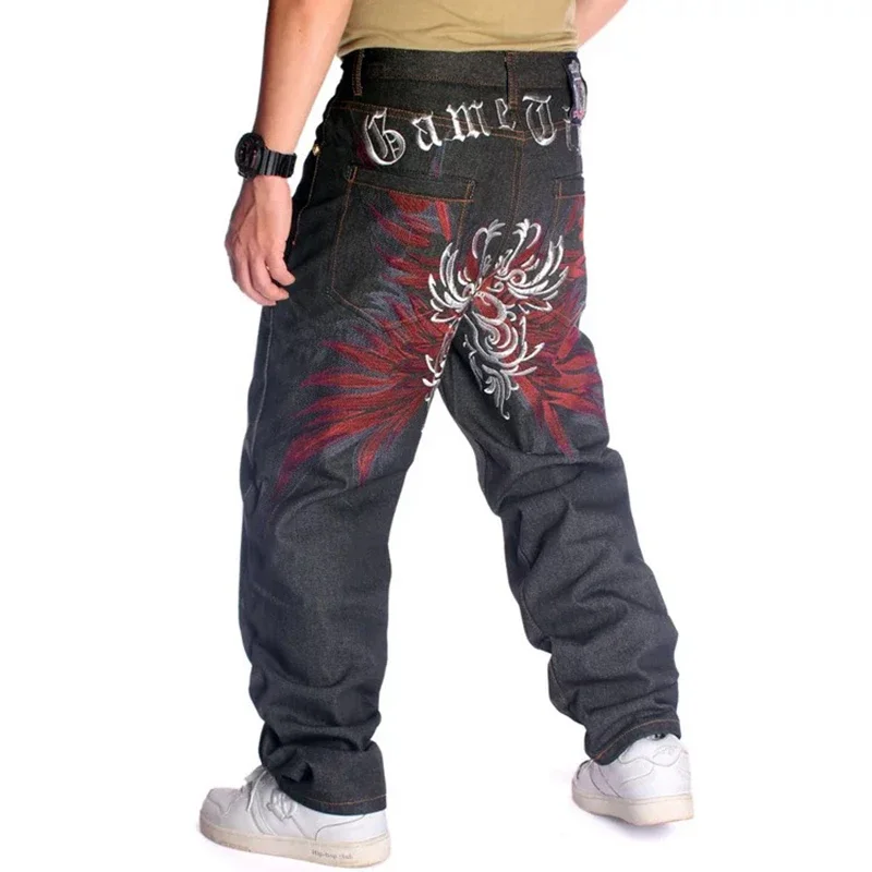 

Plus Size 30-46 Inch Skateboard Mens Baggy Jeans Wide-Leg Loose Hip Hop Embroidered Flower Wings Male Denim Pants Tide Trousers