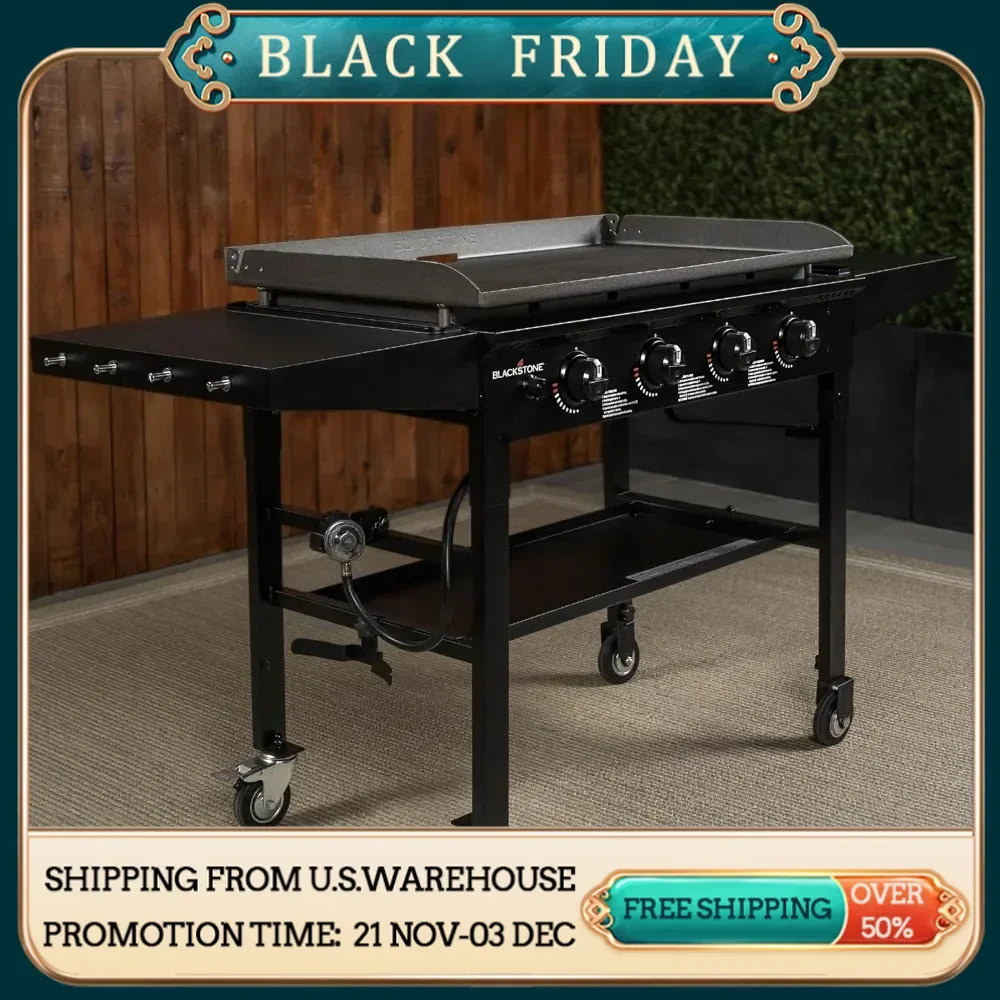 Gas Griddle Cooking Station 4 Burner Flat Top Gas Grill Propane Fuell Professional 36” Outdoor Griddle Station with Side Shelf