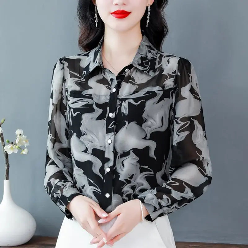 Women\'s Korean Fashion Print Elegant Button Up Shirt Spring Autumn Office Lady Lapel Blouse Long Sleeve Loose Tops Casual Blusas