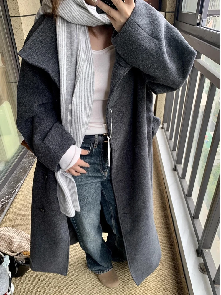 Ele doux col montant ceinturé femmes manteau 2025 hiver nouveauté trajet haut de gamme sensation Polyester longue Sve couleur Pure