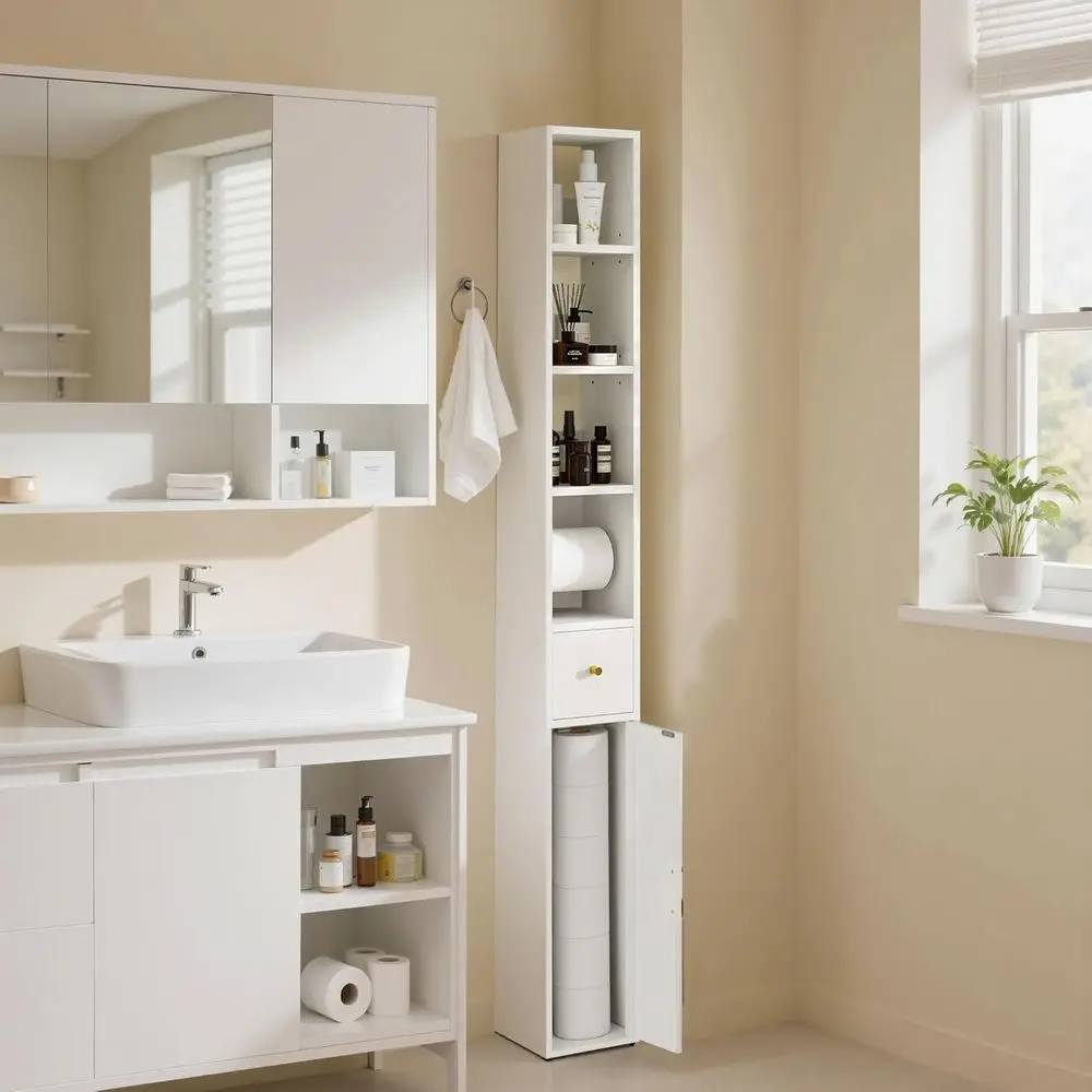 Storage Cabinet, 67" Tall Narrow Bathroom Cabinet with 3 Adjustable Shelves, Toilet Paper Holder, Magnetic Door & Drawer, for Sm