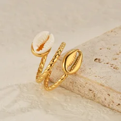 2024 New Fashion Asymmetrical Shell Ocean Style Open Wrap Ring For Women Gold Color Stainless Steel Jewelry Gifts Waterproof