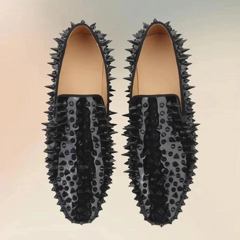Multi Shapes of Spikes Black Patent Leather Loafers Fashion Slip On Men Shoes Handmade Banquet Party Plus Size Men Dress Shoes