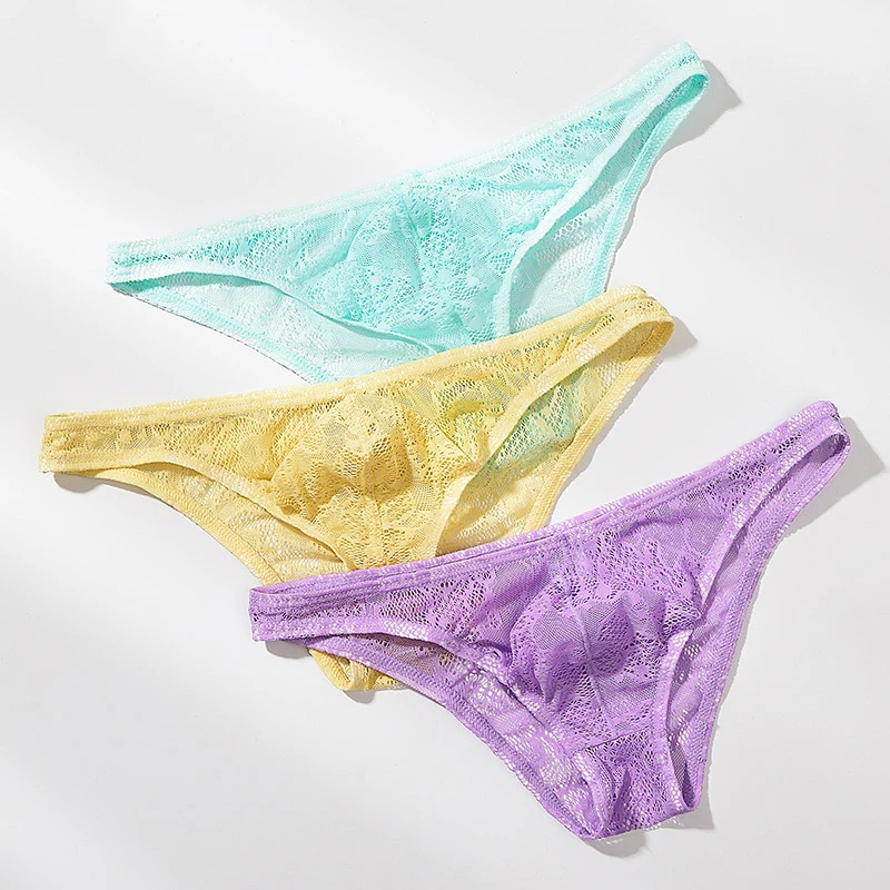 Plus Size uomo pizzo trasparente slip Sexy Bikini sospensorio intimo uomo pantaloncini Lingerie mutandine maschili Calzoncillos Hombre Cueca