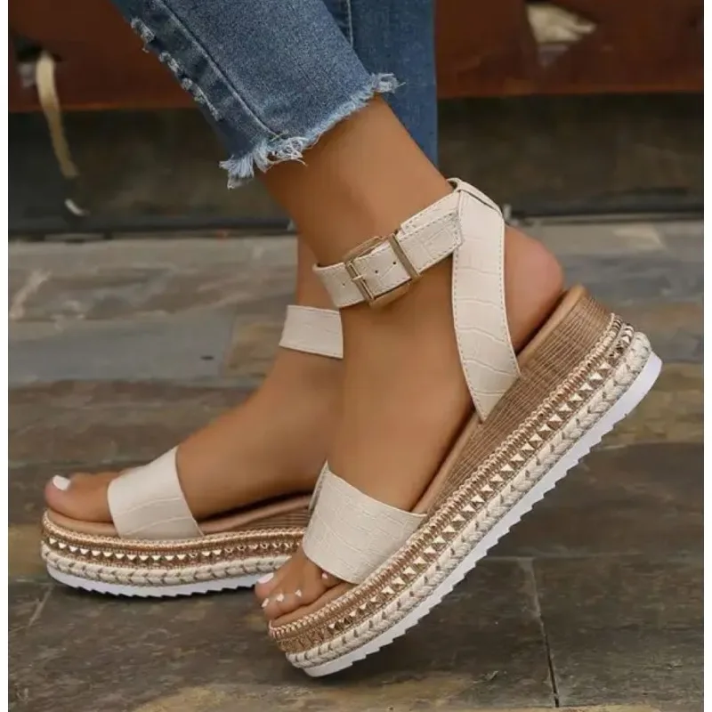 New 2024 Med High Heel Sandal for Women Open Toe Suit Female Beige Large Size Clogs Wedge Muffins Shoe Buckle Strap Suede