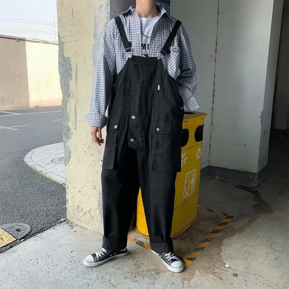 

Overalls Men Ankle Length Jumpsuits Straight Pants Spliced One Piece Pockets Loose Vintage Wash Casual Solid