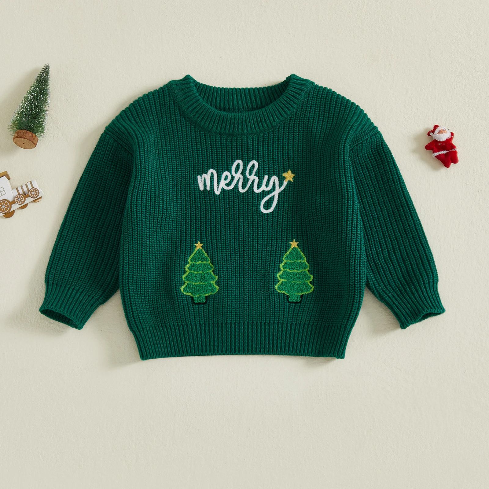 سترات عيد الميلاد للأطفال الصغار بأكمام طويلة ورقبة دائرية ومطرزة بحروف شجرة، بلوفر علوي للأطفال الصغار