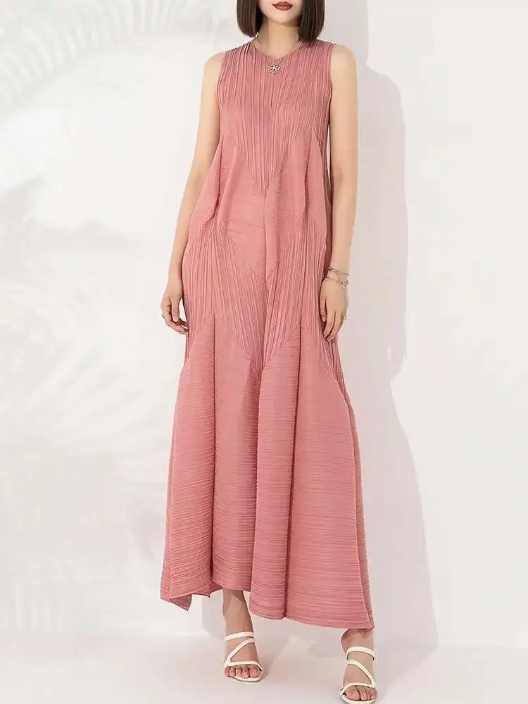 

Miyake 2025 Women's Summer New Clothing Fashion Casual Peplum Bubble Dress Women's Round Neck Sleeveless Solid Long Elegant