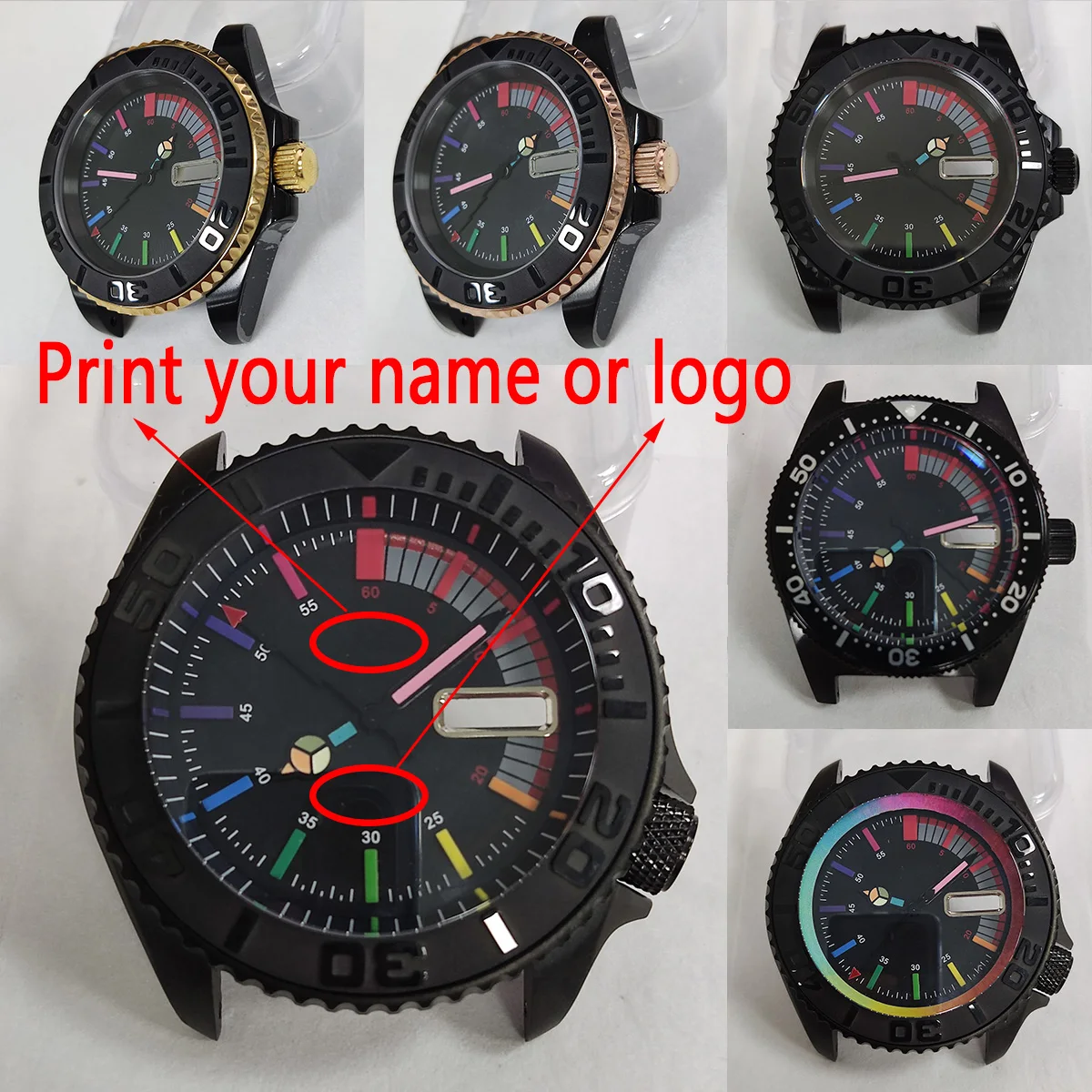 New watch custom logo nh35 case men watch rainbow dial nh36 watch case nh36 dial skx007 diving watch modify part nh36 movement 7