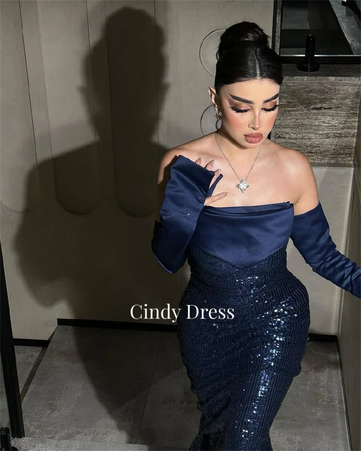 Cindy Customized Sequins Navy Blue Mermaid Luxury Party Dresses for Special Occasions Evening Elegant Woman Gala Prom 2024 Women