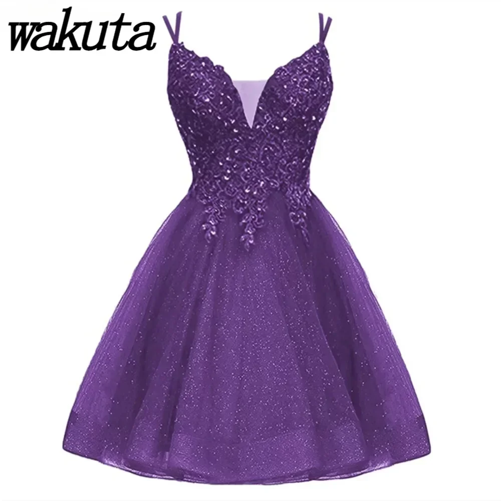 

Wakuta Short Tulle Homecoming Dresses Lace Applique Glitter Formal Cocktail V Neck Prom Party Ball Gowns robe de soirée femme