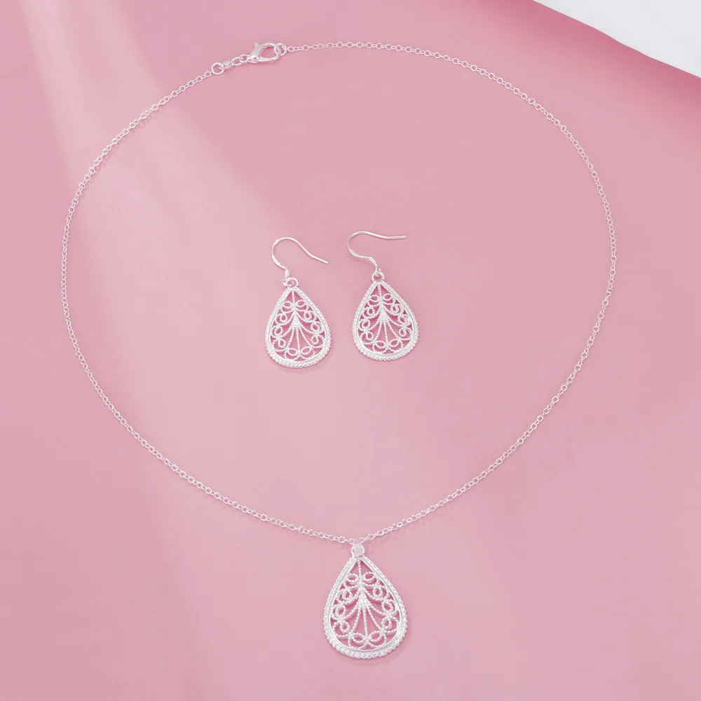 Original 925 Sterling Silver Casual Water Drop Pattern Pendant Necklaces Earrings For Women Fashion Party Wedding Jewelry Sets