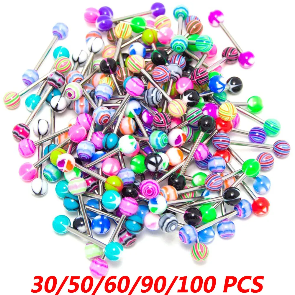 10/30/50/60/90/100pcs/Lot Acrylic Steel Tongue Piercing Ring Mix Tongue Barbell Sets Ear Nipple Lip Piercing Oreja  Ring Jewelry