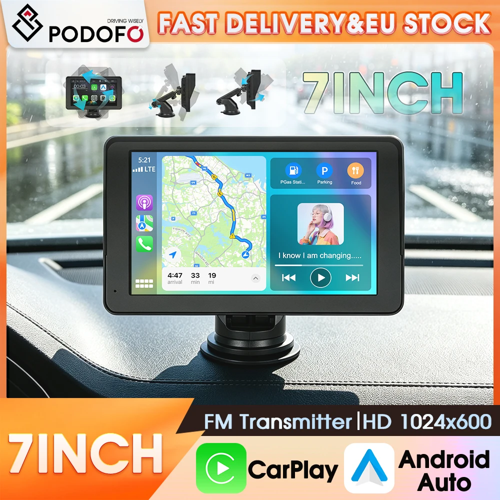 Podofo 7 Zoll HD Touchscreen Tragbarer Auto-MP5-Player, Kabelloses Carplay, Android Auto, Airplay, Multifunktionaler Multimedia-Player, unterstützt CVBS Rückfahrkamera, Mirror Link
