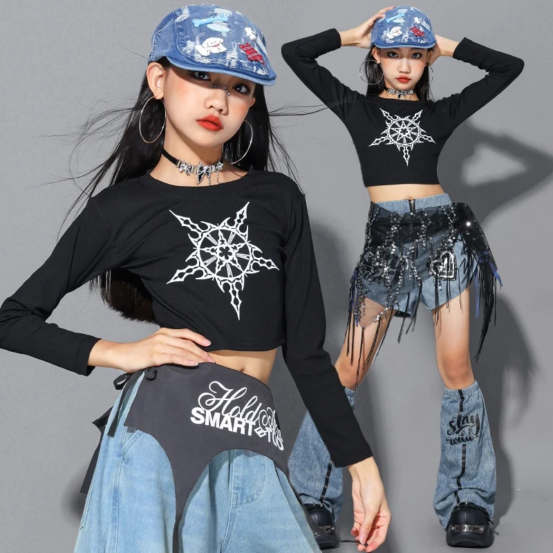 Abbigliamento Kpop per ragazze Costume da ballo jazz Bambini Maniche lunghe Abbigliamento da strada Top neri Jeans Abiti da performance Hip Hop BL17104