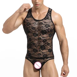 Gay Men Sheer Lace Tank Tops Sleeveless T-shirts Sissy Transparent Floral Vest Undershirts Sexy Male See-Through Singlets