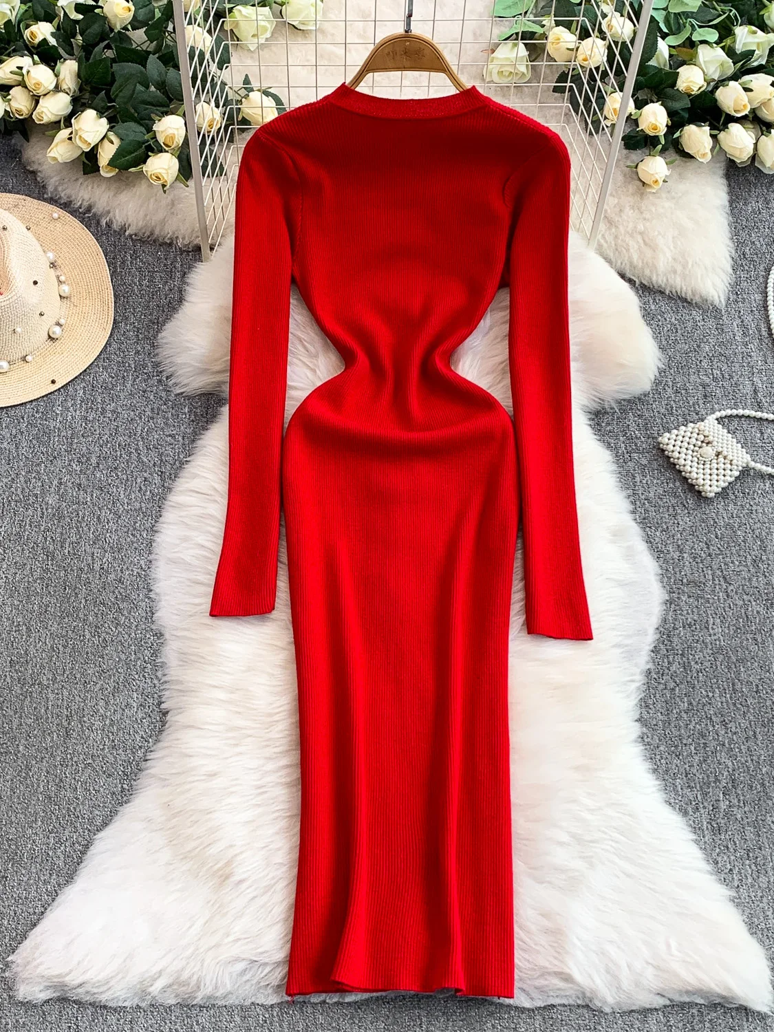 한국 슬레 니트 라운드 네드 여성 슬림핏 롱 스커트 하이웨이스트 엘라스틱 메탈 블루 가을 겨울 패션 드레스