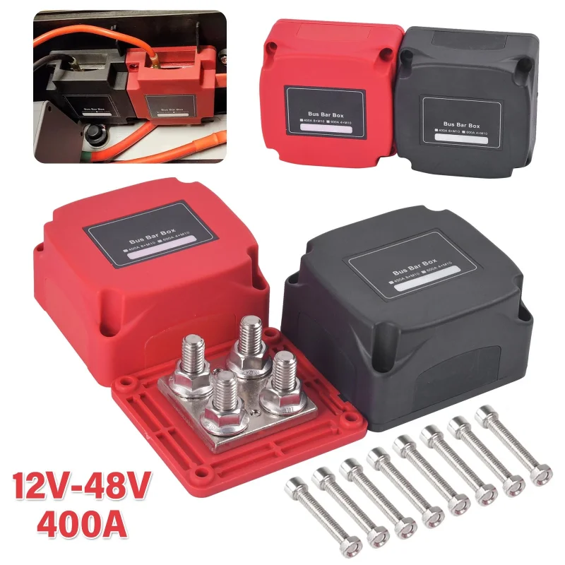 M10 For Auto RV Marine Truck Boat Heavy Duty 400A 48V Bus Bar Tin Plated Copper Power Distribution Block Ground Busbar Box