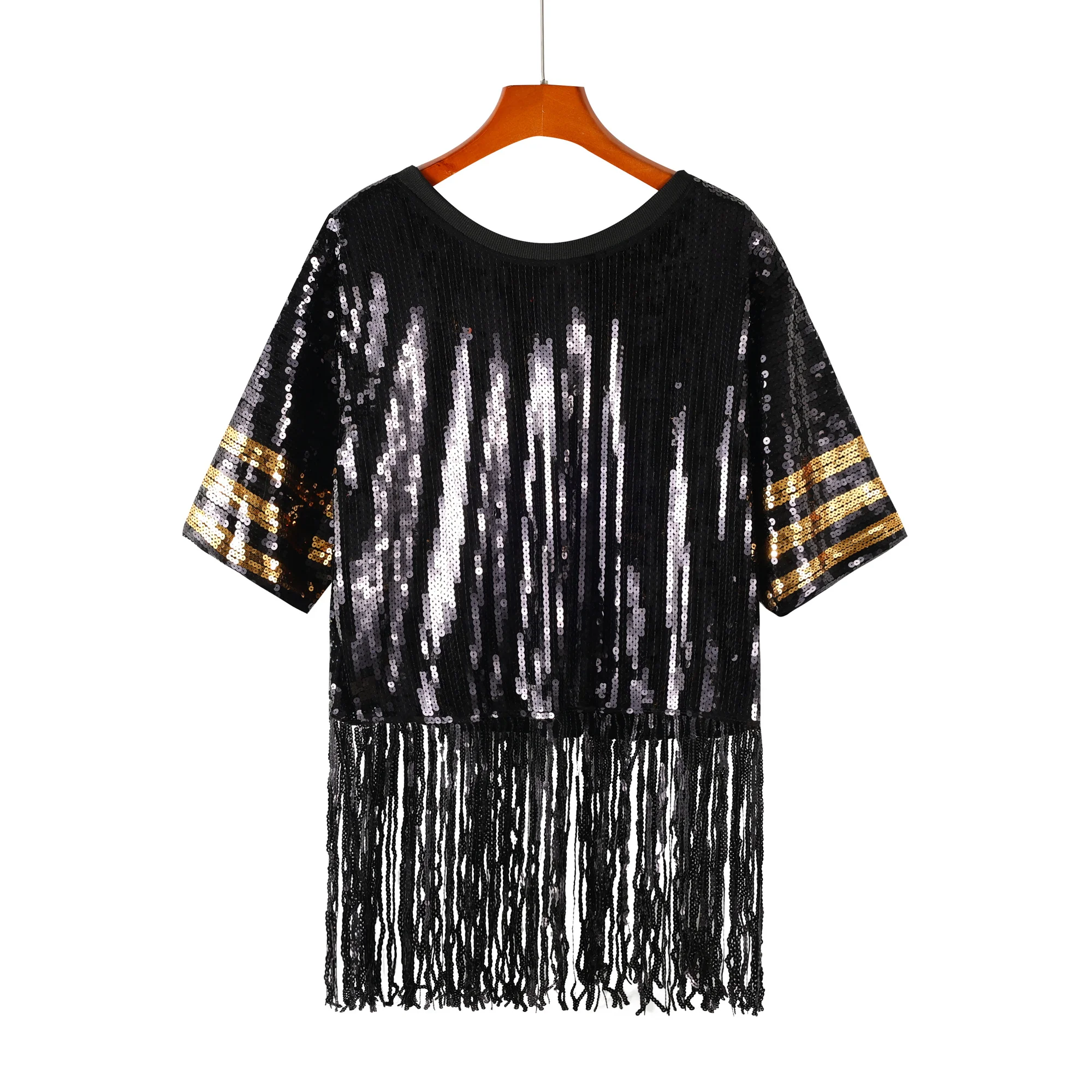 Summer High Quality Tassel Geometric Streetwear Striped Short Sleeve Sequins T-Shirt Hip Hop Round Neck Straight Women's Wears