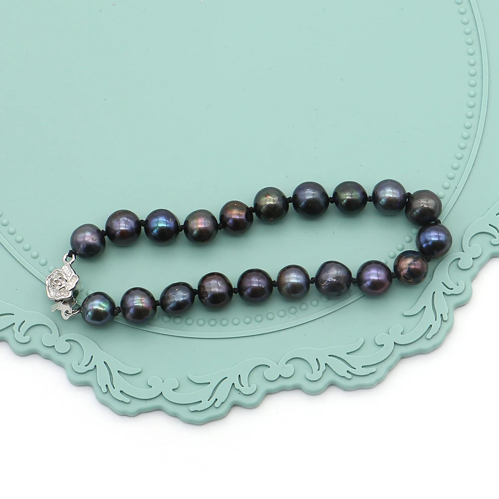 

Colorful Black Natural Freshwater Pearl Bracelet 8-9mm Round Pearl With Flower Shape Clasp Design Beaded Bracelet Jewelry Gift