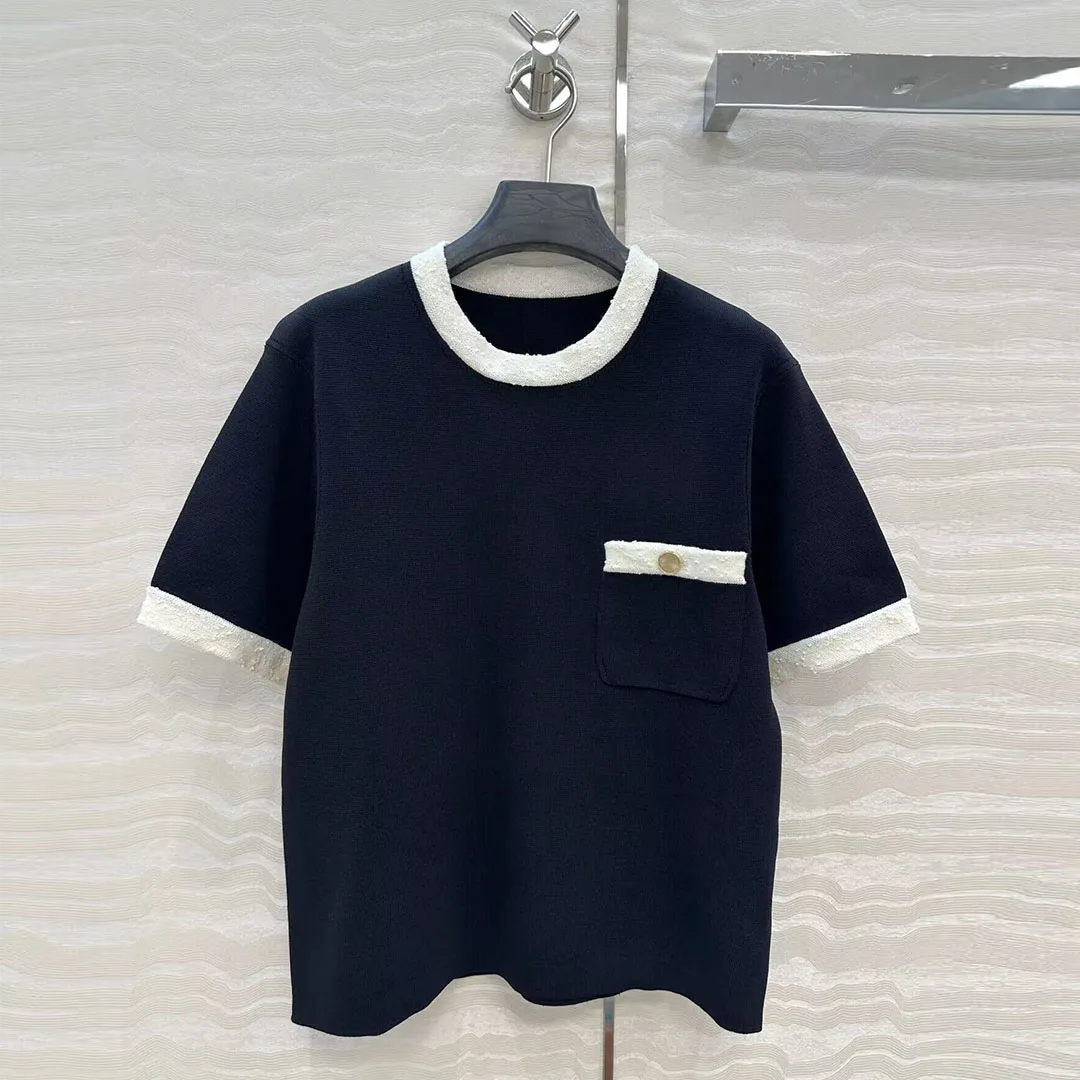 

2025 Early Autumn Preppy Style Knitted Short Sleeve T-shirt Women Contrast Striped O-neck Pocket Button Sweet Casual Tops