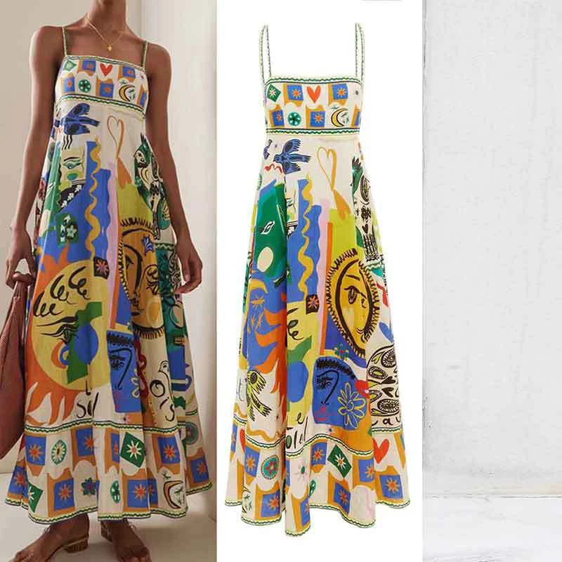 Damen Sommer geraffte Maxi Boho Kleider ärmellose lose Strand urlaub hohe Taille A-Linie Swing Vestido langes Kleid