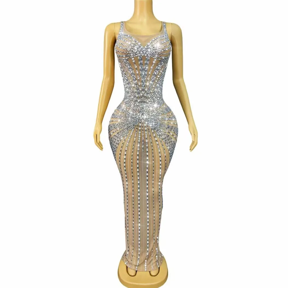 럭셔리 섹시 이브닝 반짝이는 실버 라인스톤 누드 메쉬 드레스 여성 칵테일 생일 파티 가운 레드 카펫 의상