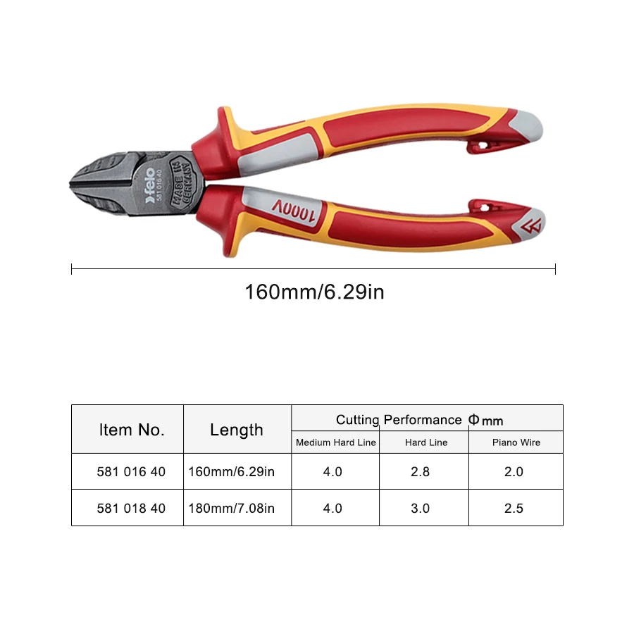 FELO Insulated Diagonal Plier 160mm VDE for Cutting Hard and Soft Wires Electrician Tool 58101