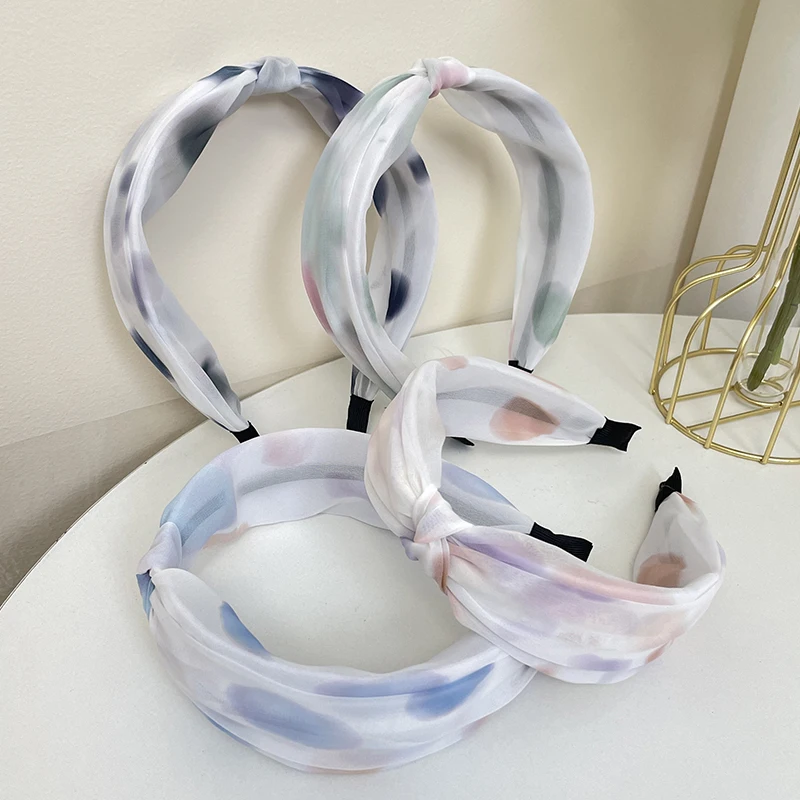 Tie Dyed Gauze Fabric Floral Print Wide Bowknot Bunny Ear Hairband Fashion Knotted Headband Hair Accessories