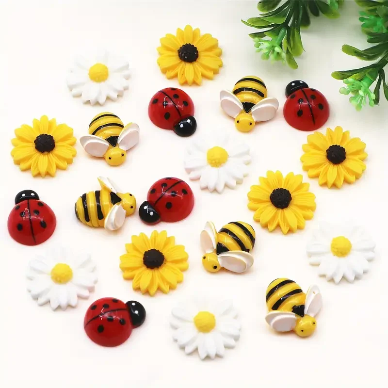 10/20pcs Mixed Resin Daisy, Bee & Ladybug Miniatures, Flatback Charms Embellishments for DIY Craft Projects Home Decor Supplies